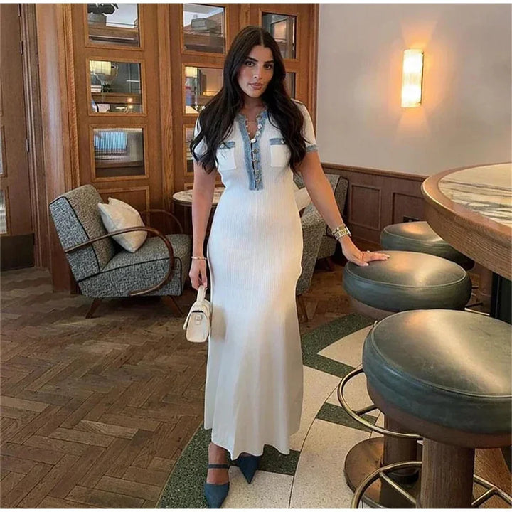 Chic O Neck Knit Maxi Dress With Pockets