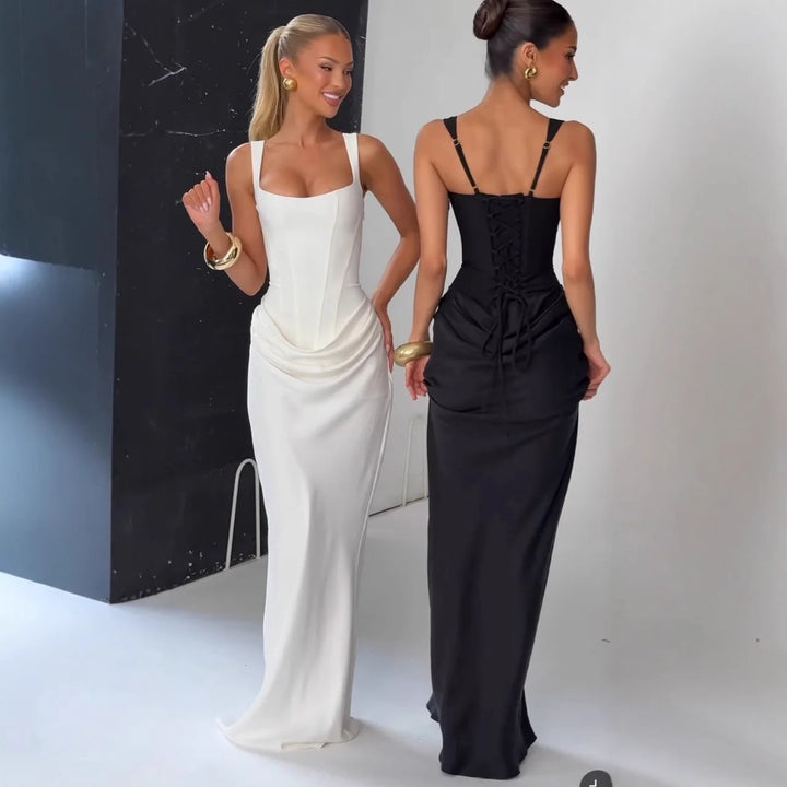 White Maxi Dress For Women Lace Up Formal Wedding Guest Party Slim Elegant