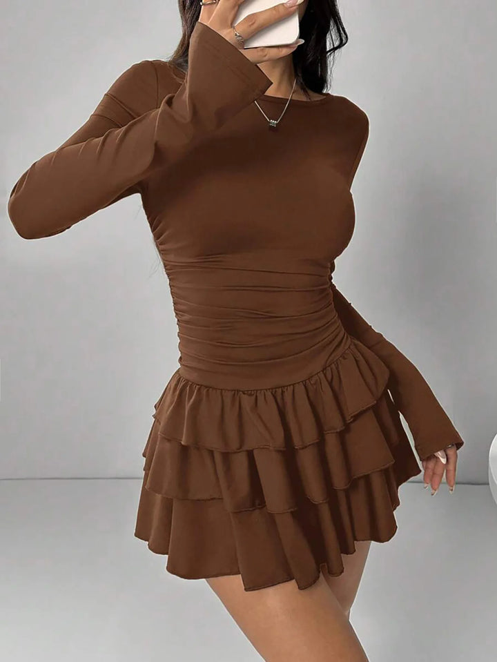 Elegant Tiered Ruffle Midi Dress High Waist Slim