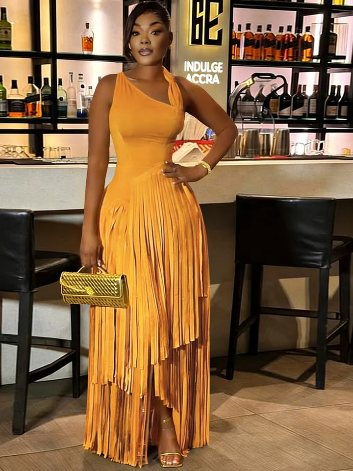Luxury Red One Shoulder Fringe Maxi Dress For Girls