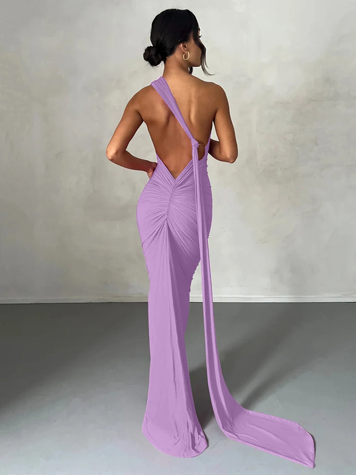 Elegant Y2k One Shoulder Maxi Dress Scarf Backless