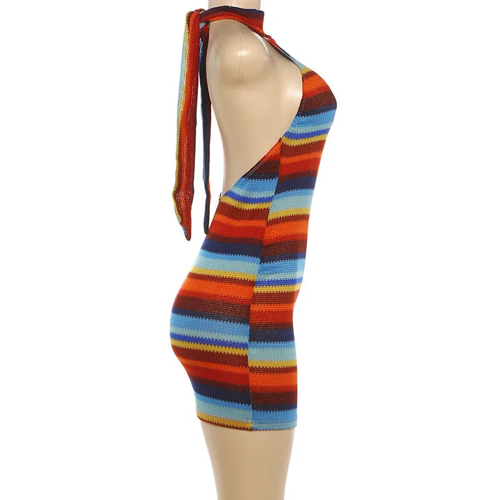 Luxurious Knit Stretch Stripe Halter Dress