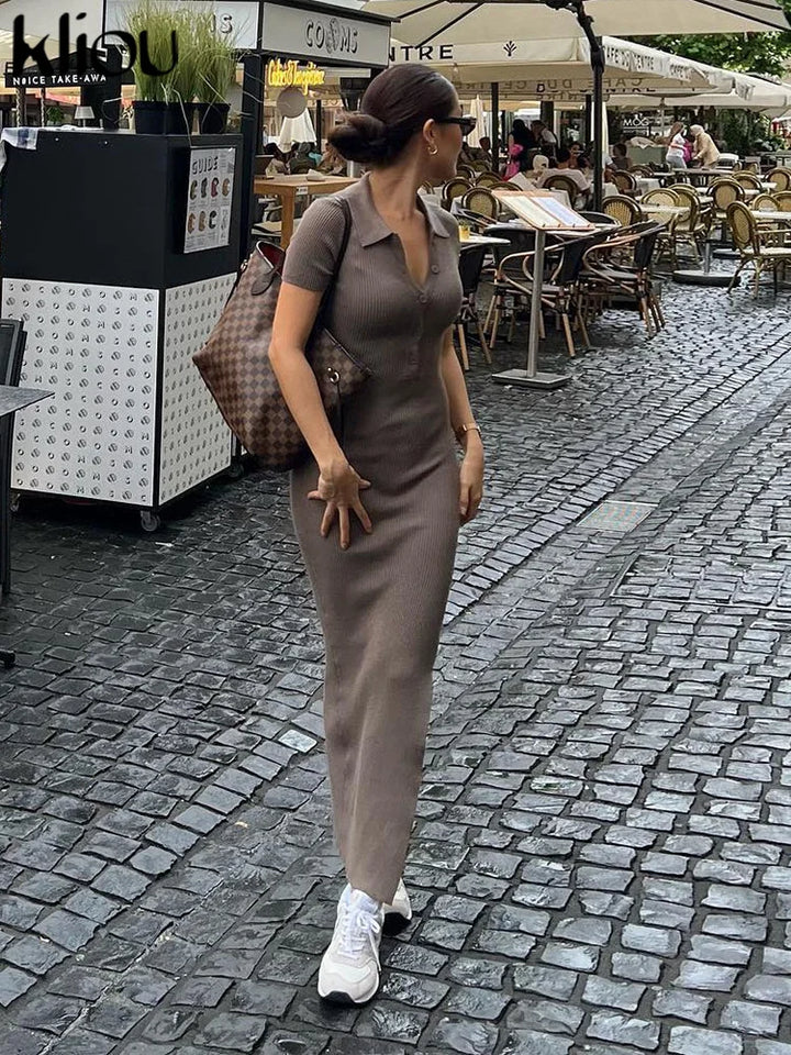 Kliou Elegant Solid Maxi Dress Short Sleeve Body Shaping Office Wear