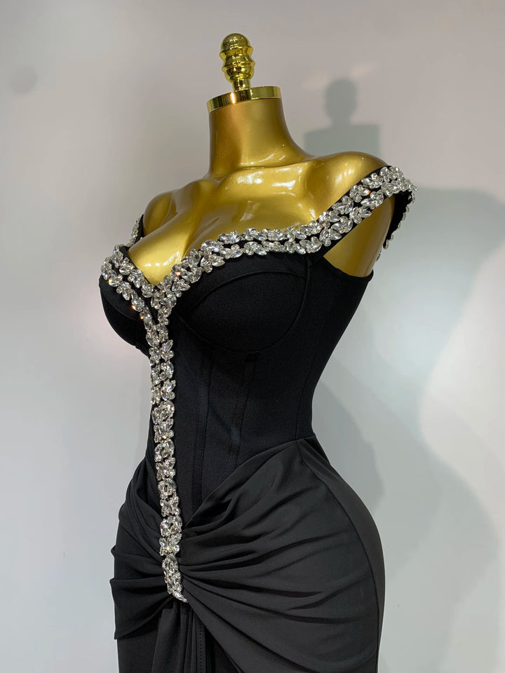 Women Off Shoulder Black Diamond Bodycon Dress
