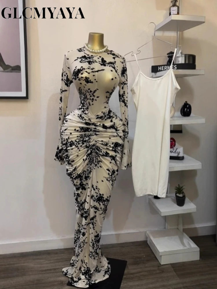 CM.YAYA Fall Long Sleeve See Through Lined Dress