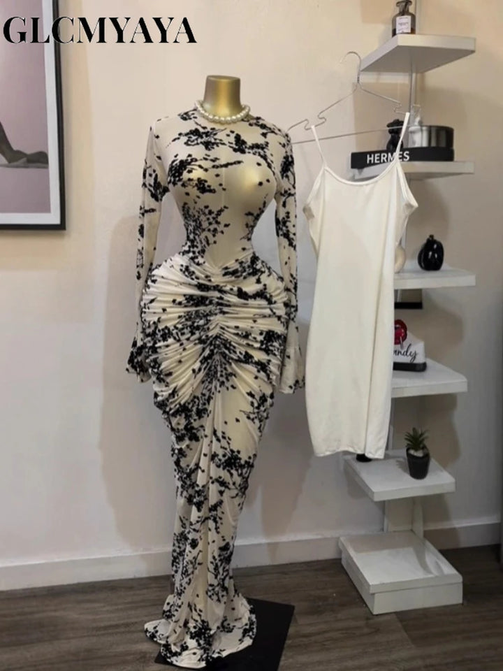 CM.YAYA Fall Long Sleeve See Through Lined Dress