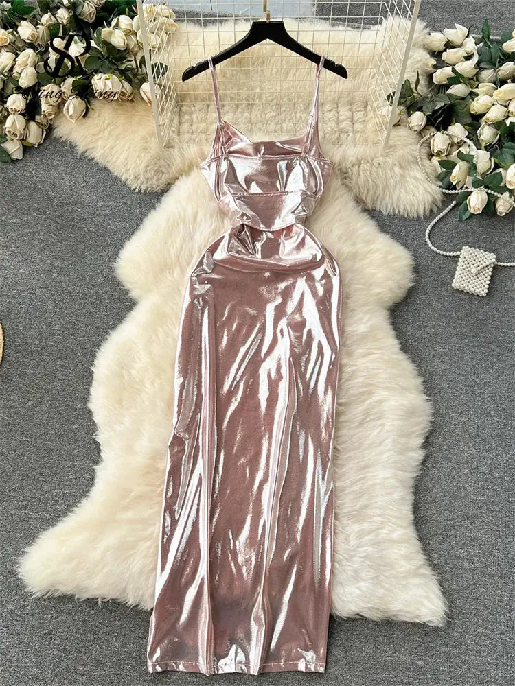 SINGREINY Spaghetti Strap Split Long Dress 2025 Ladies Fake Leather Lace Up Bodycon Sundress Y2K Hotsweet Shiny Slim Party Dress