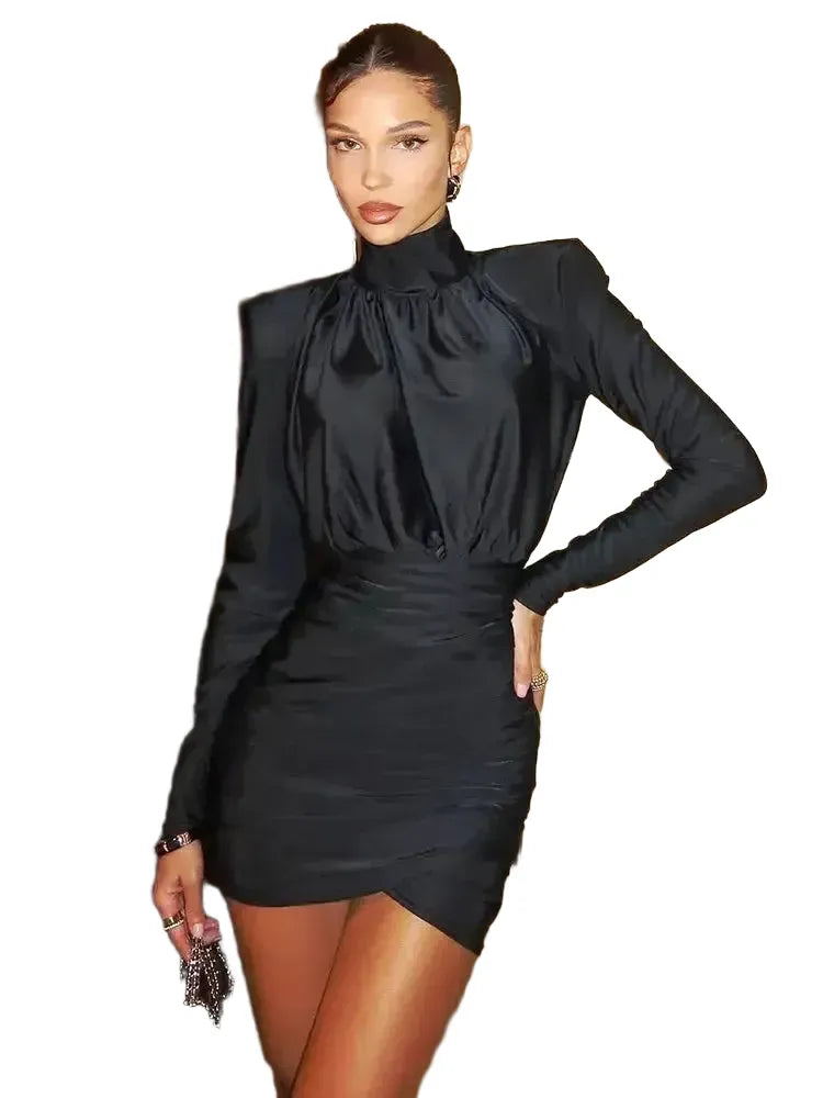 Nibber Classic Turtleneck Dress Women Shoulder Padded Ruched Sexy Office Commute Simple Peach Hip Skinny Elegant Mini Bodycon