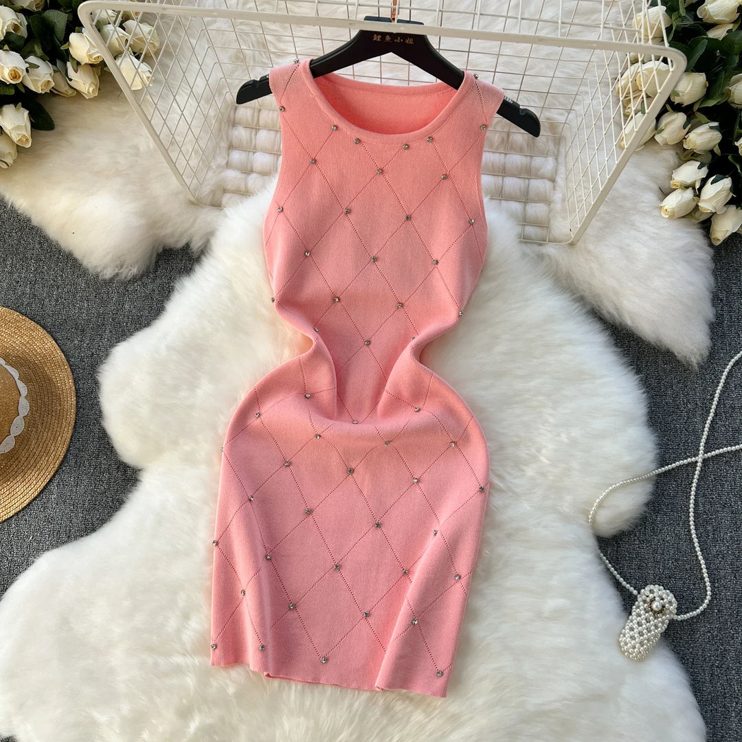Summer Beaded Knitted Bodycon Sheath Dress