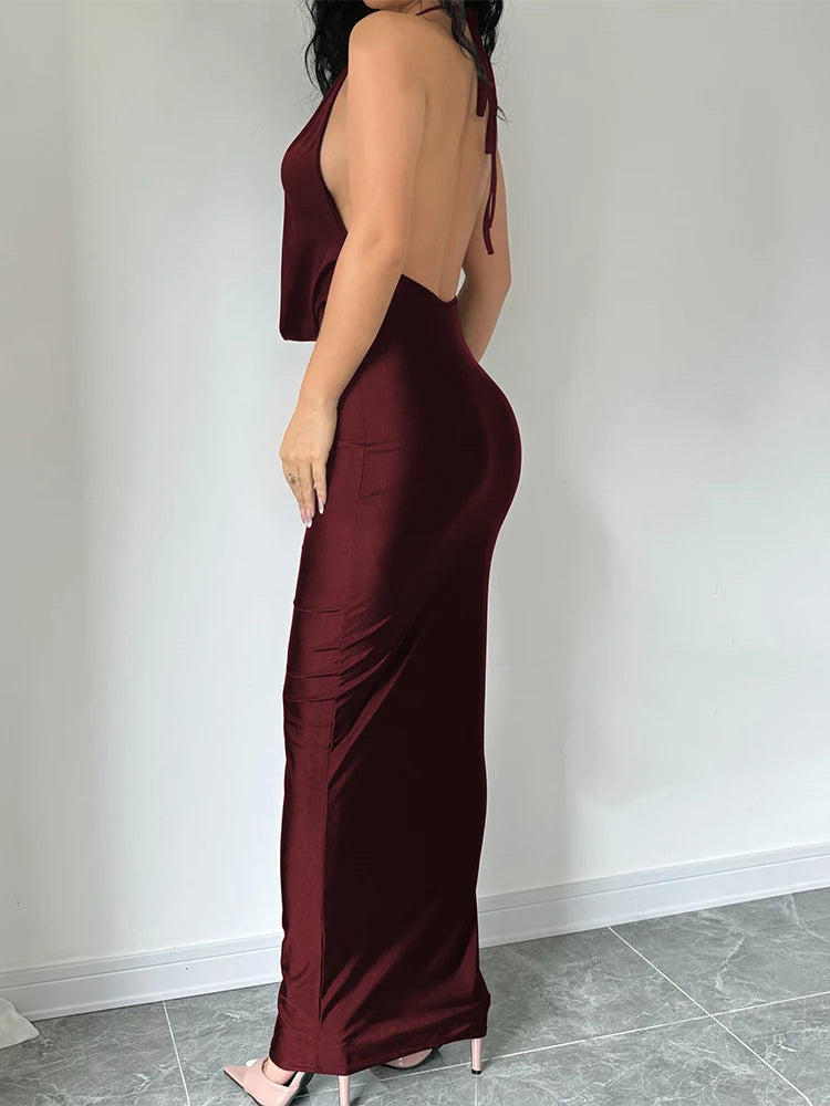 Elegant Backless Halter Midi Dress Premium Knit