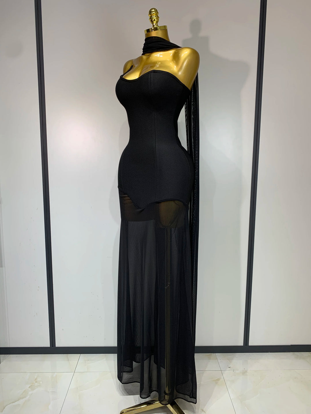 Black Strapless Bandage Dress Mesh Patchwork Gown