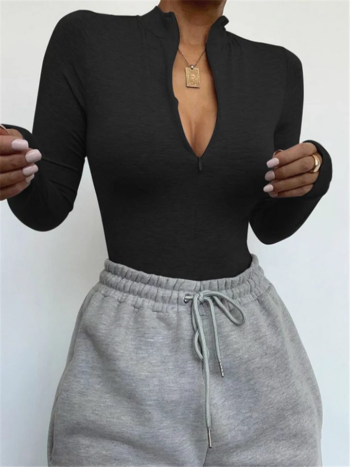 Solid Zipper Bodycon Bodysuit For Women Mock Neck