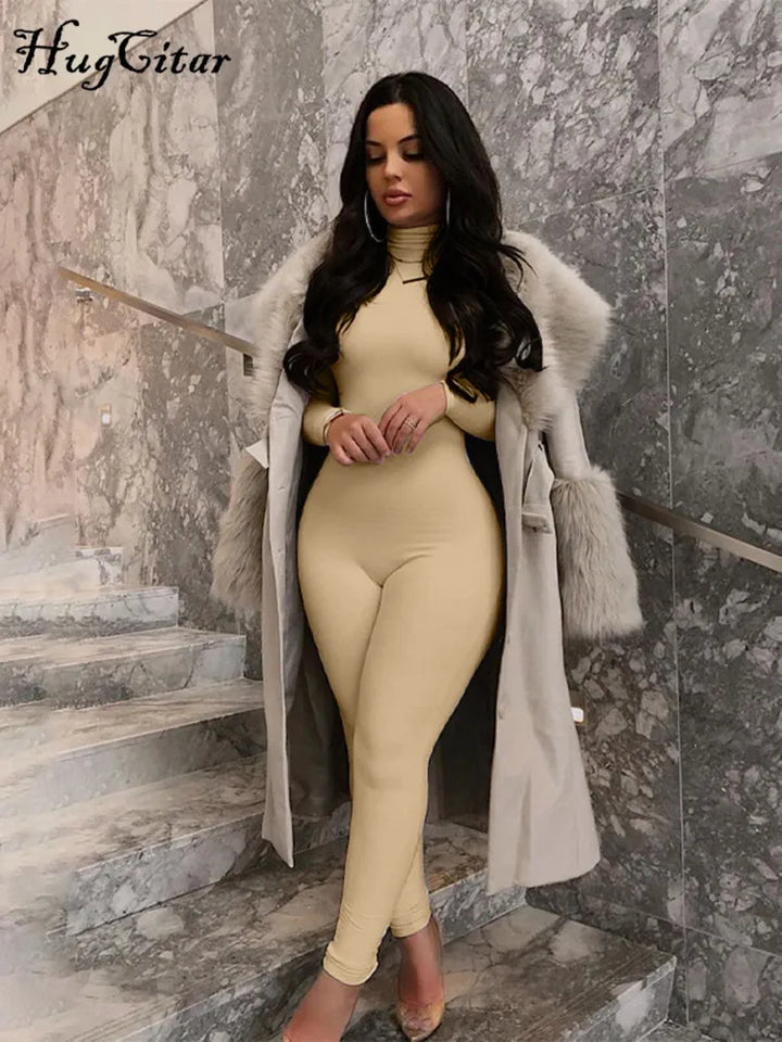 Hugcitar Long Sleeve Turtleneck Bodycon Jumpsuit