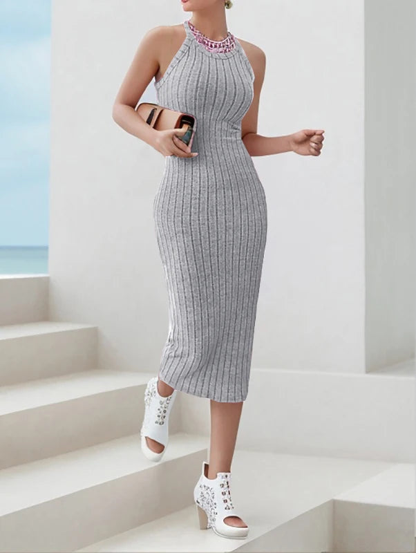 Solid Halter Neck Bodycon Midi Dress High-end temperament vest halter dress women&