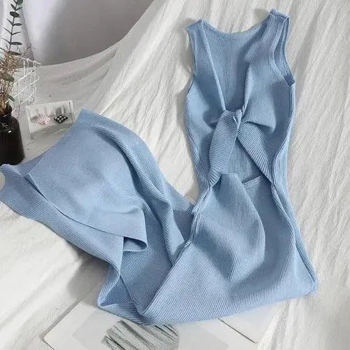 Korean Knitted V Neck Bodycon Dress Chic Hollow Out Style