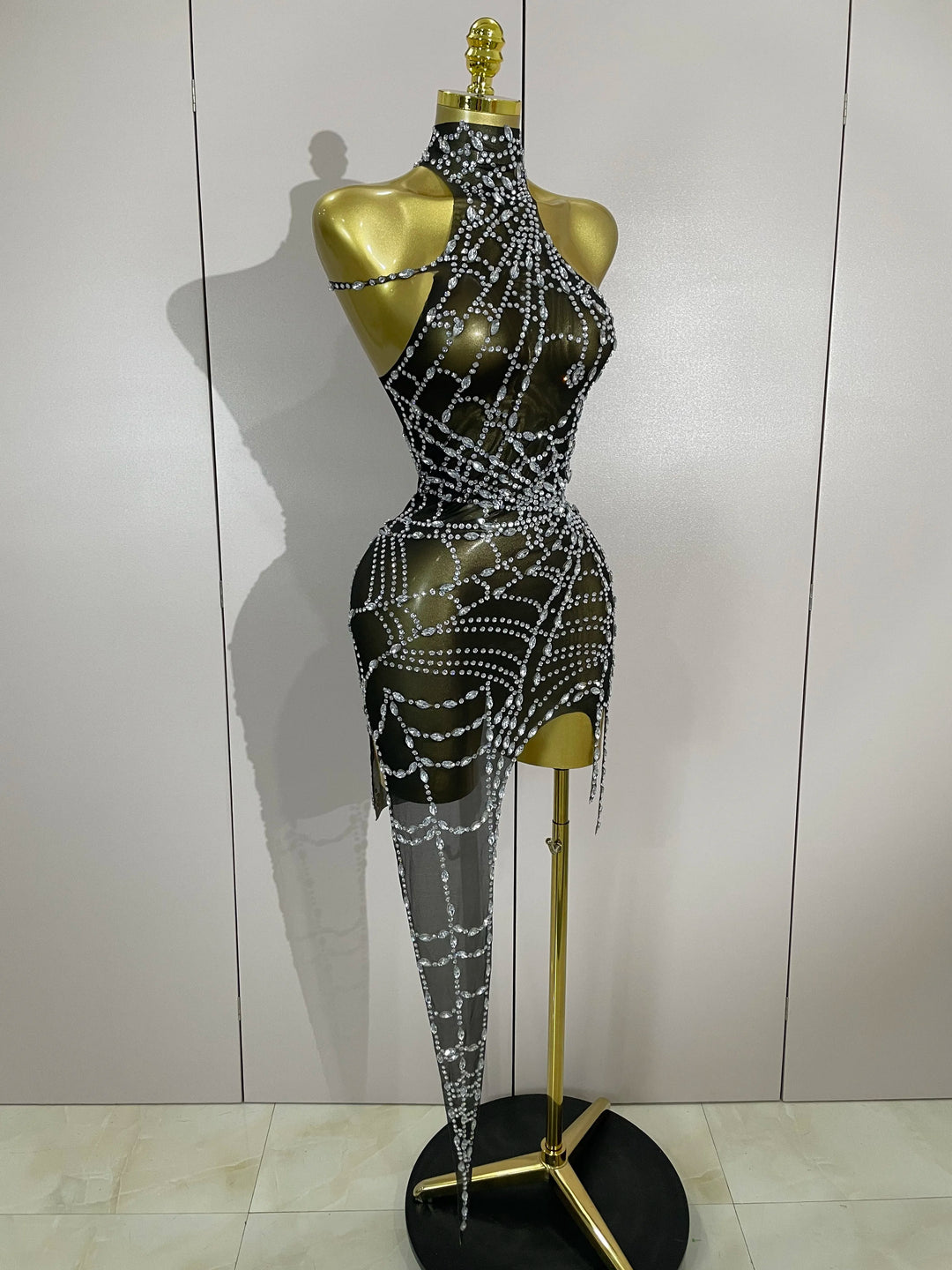 Sparkle Diamond Mesh Bodycon Mini Dress With