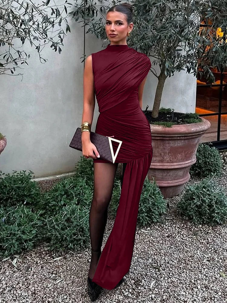 Elegant Ruched Turtleneck Pleated Mini Party Dress