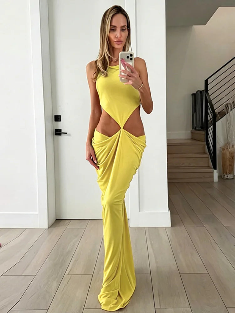 Sexy Green Hollow-out Maxi Dress Women Fashion Sleeveless Backless Pleated Slim Female Dresses Summer Party Evening Robe 2026