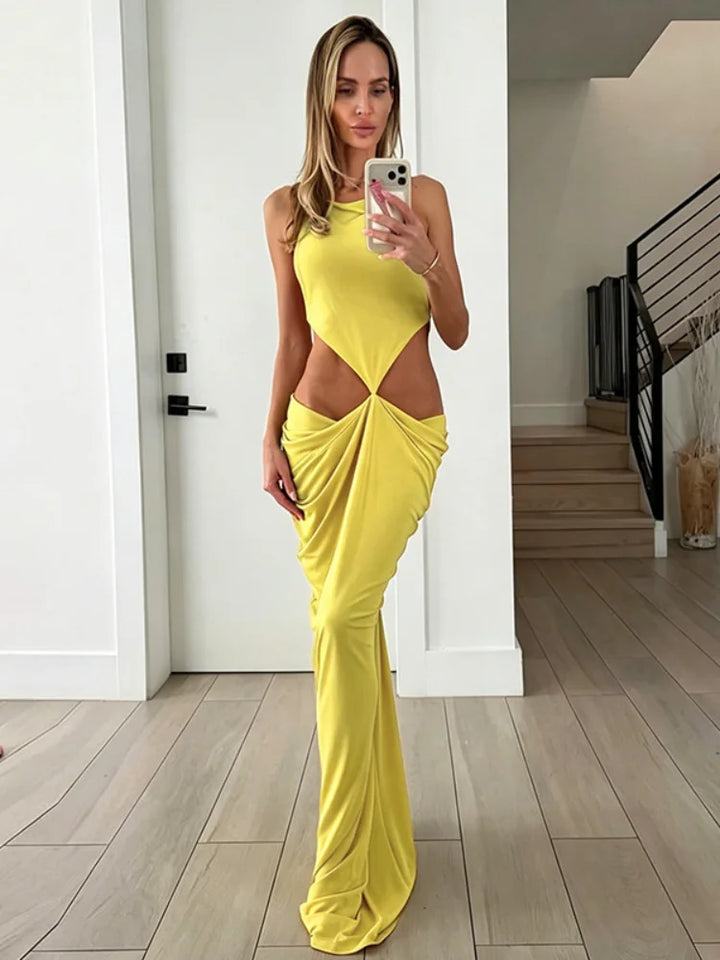 Sexy Green Hollow-out Maxi Dress Women Fashion Sleeveless Backless Pleated Slim Female Dresses Summer Party Evening Robe 2026