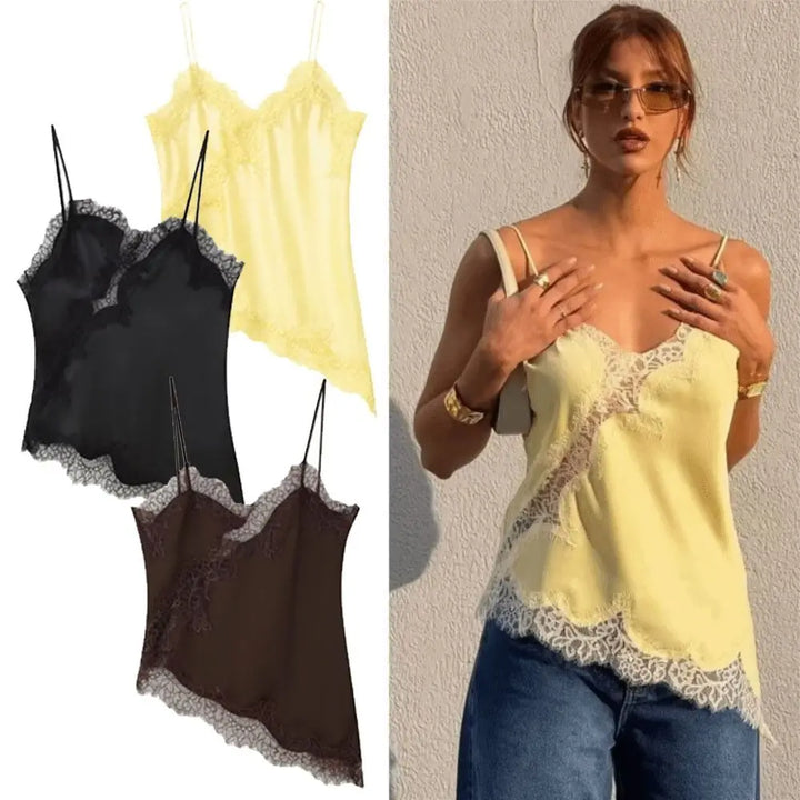 Elegant Asymmetrical Lace Lace Patchwork Top Sleeveless Backless Camisole Tops V Neck Sexy Lace Women tank top Summer Wear