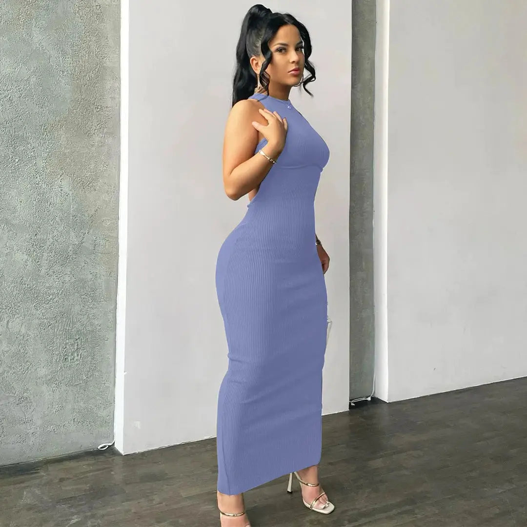 Hugcitar Ribbed Solid Hollow Out Backless Sleeveless Sexy Slit Mini Dress Bodycon 2025 Spring Women Outfits Elegant Party Y2K