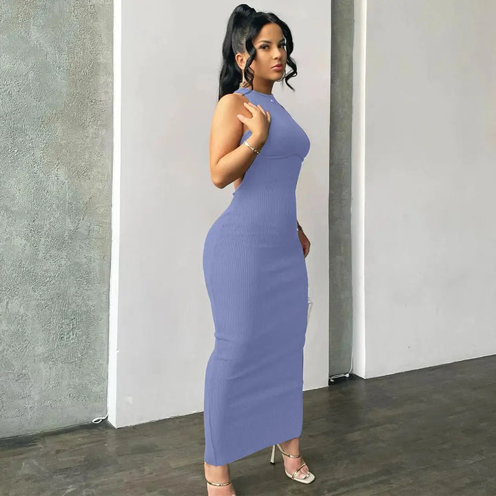Hugcitar Ribbed Solid Hollow Out Backless Sleeveless Sexy Slit Mini Dress Bodycon 2025 Spring Women Outfits Elegant Party Y2K