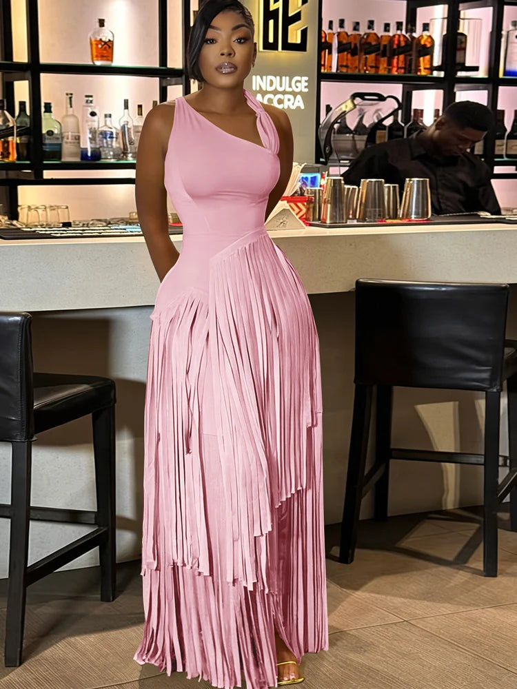 Luxury Red One Shoulder Fringe Maxi Dress For Girls