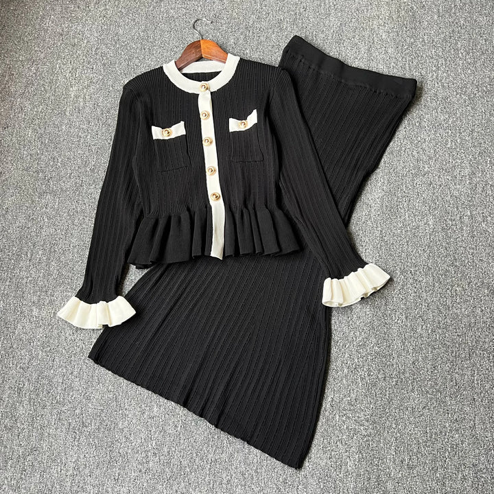 YuooMuoo Knit Maxi Dress V Neck Ruffles Slim Waist