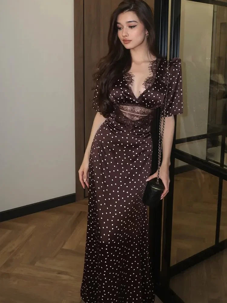 Elegant Brown Polka Dot Maxi Dress For Summer Party