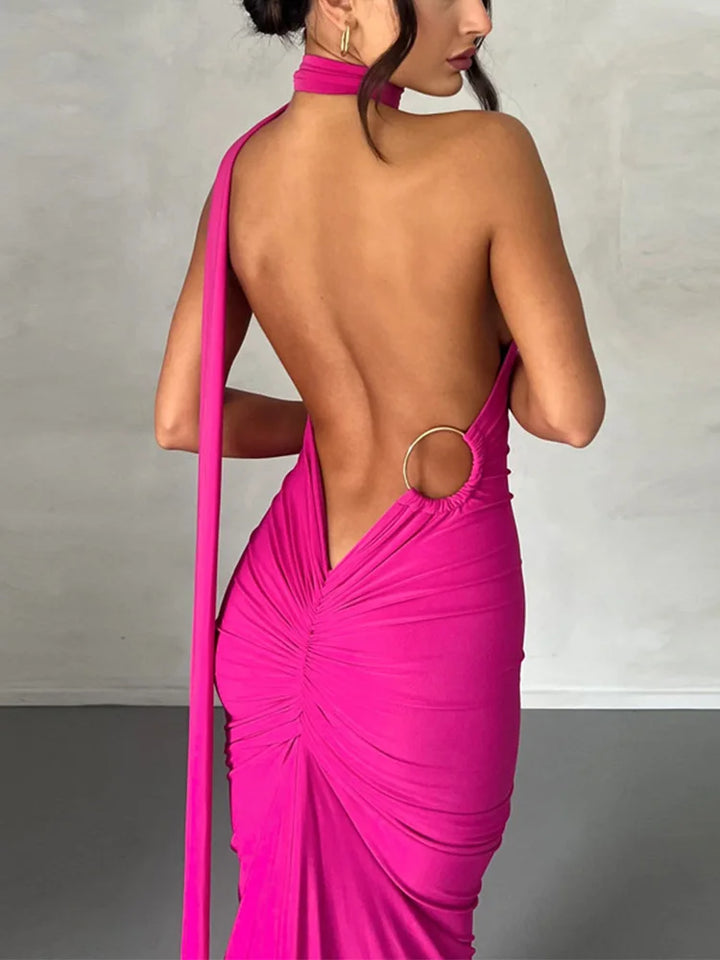Neon Y2K One Shoulder Backless Ruched Maxi Dress