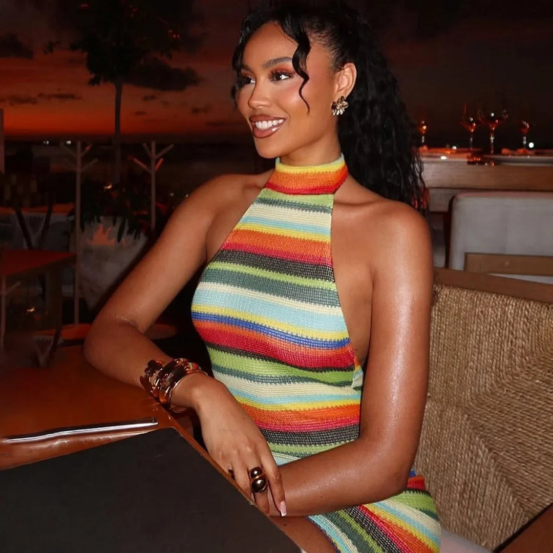 Luxurious Knit Stretch Stripe Halter Dress
