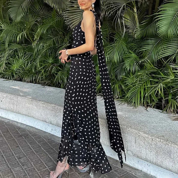 Tuularose Elegant Polka Dot Long Dress Summer Scarf Ribbon Ruffle Halter Pleated Dress Luxury Sleeveless Women&