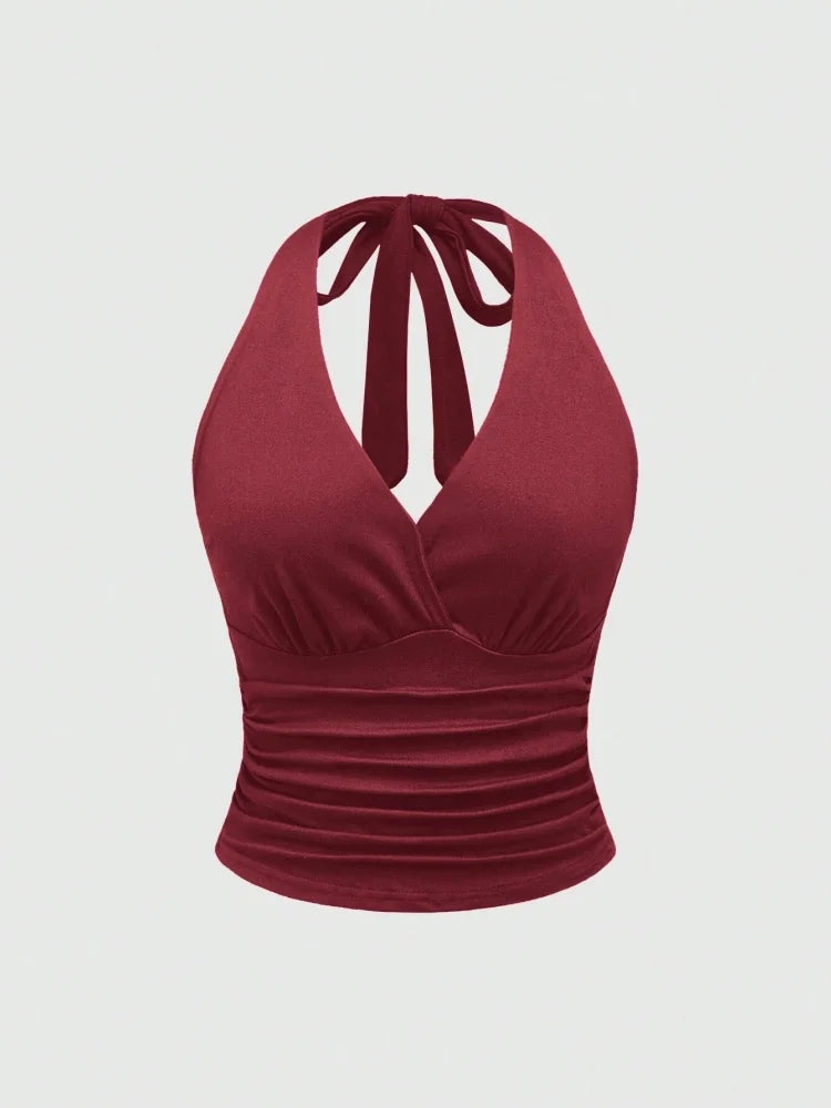 Solid V-neck Backless Halter Crop Top for Women Summer Sexy Y2K Sleeveless Ruched Top Streetwear
