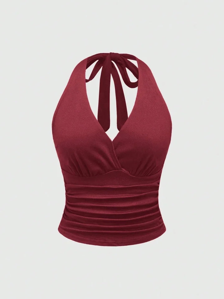 Solid V-neck Backless Halter Crop Top for Women Summer Sexy Y2K Sleeveless Ruched Top Streetwear