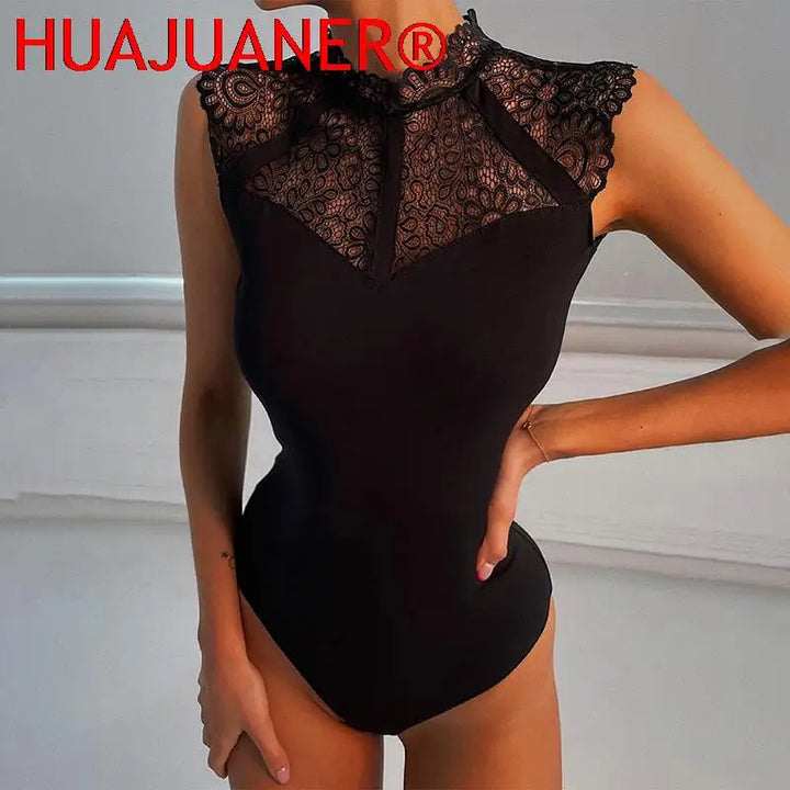 Women Lace Black Wrap Bodysuit Sleeveless Bodycon