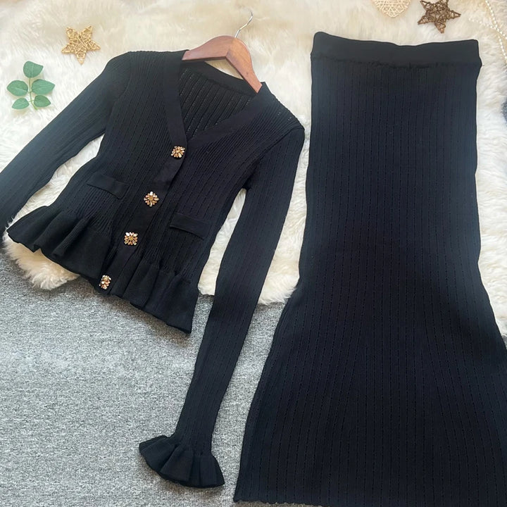 YuooMuoo Knit Maxi Dress V Neck Ruffles Slim Waist