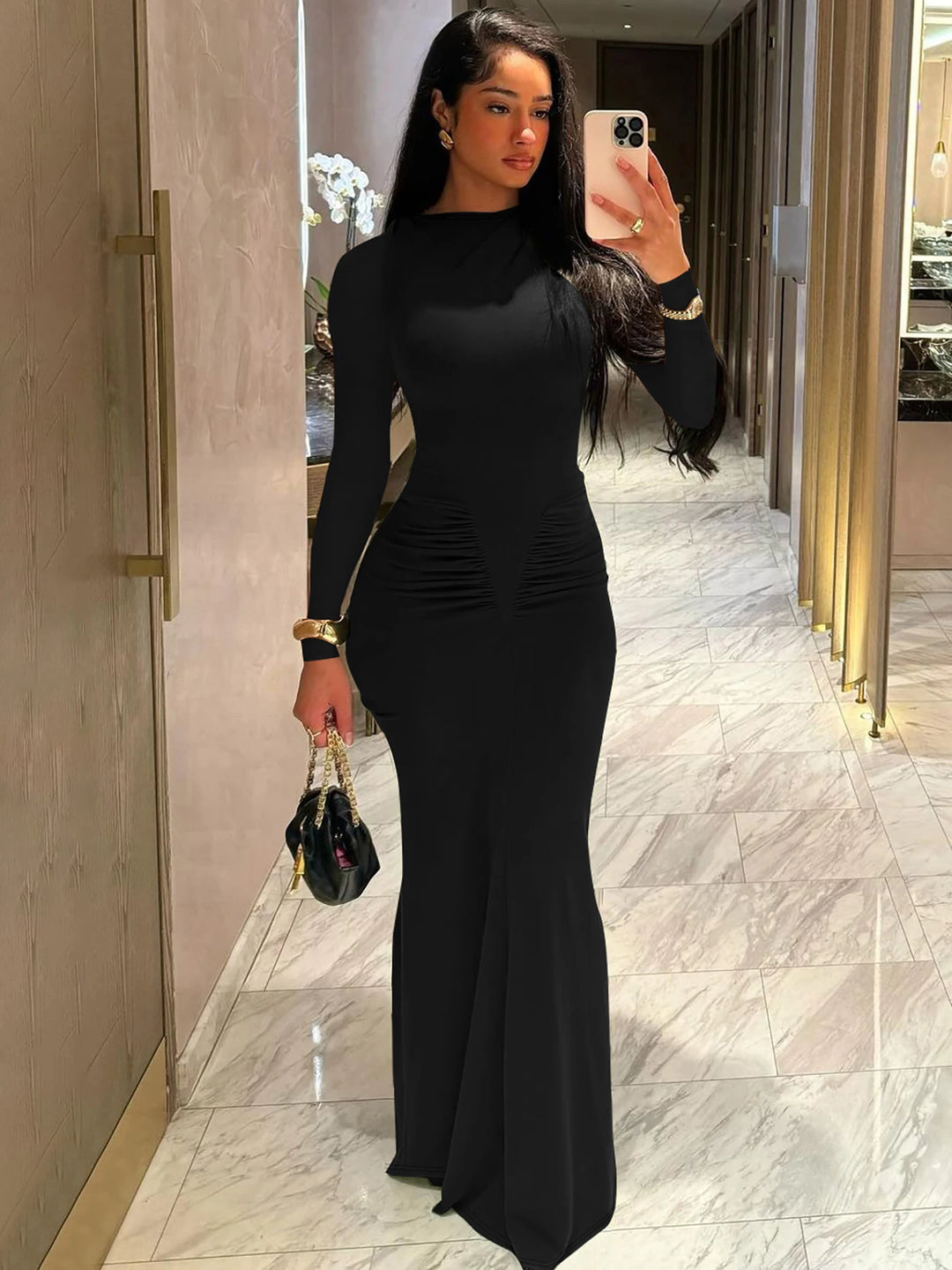 Hugcitar Autumn Solid Y2K Long Sleeve Maxi Dress