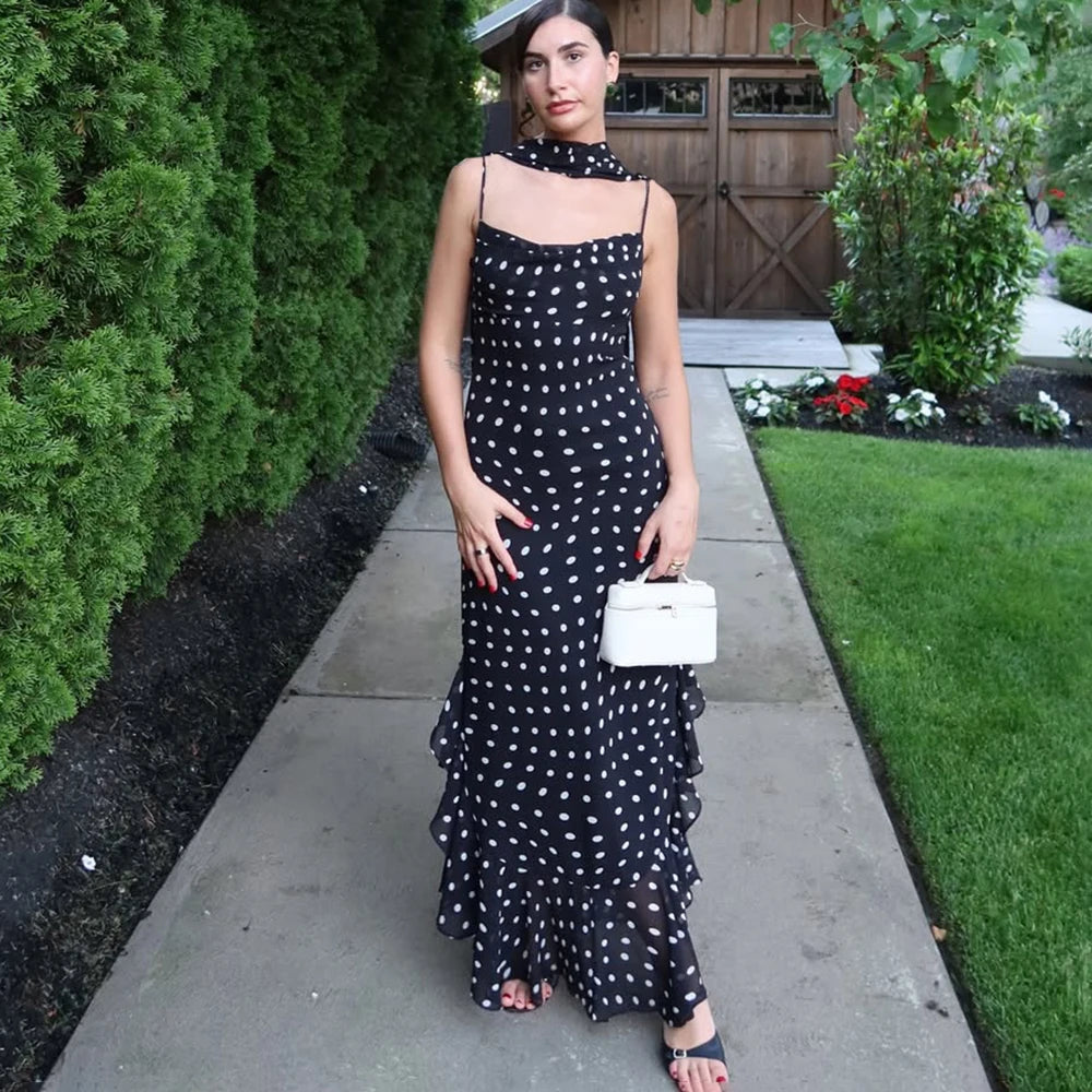Tuularose Elegant Polka Dot Long Dress Summer Scarf Ribbon Ruffle Halter Pleated Dress Luxury Sleeveless Women&