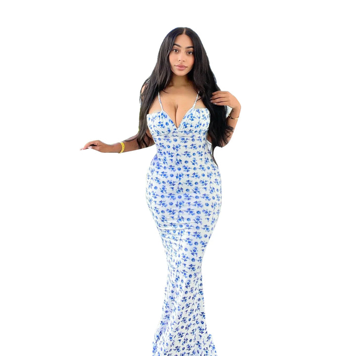 Floral Sleeveless Backless Lace Up Bodycon Maxi
