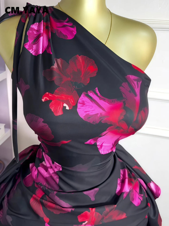 Floral One Shoulder Sleeveless Ruched Bodycon Dress
