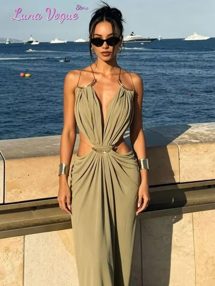 Elegant Solid Maxi Gown With Deep V Cutout