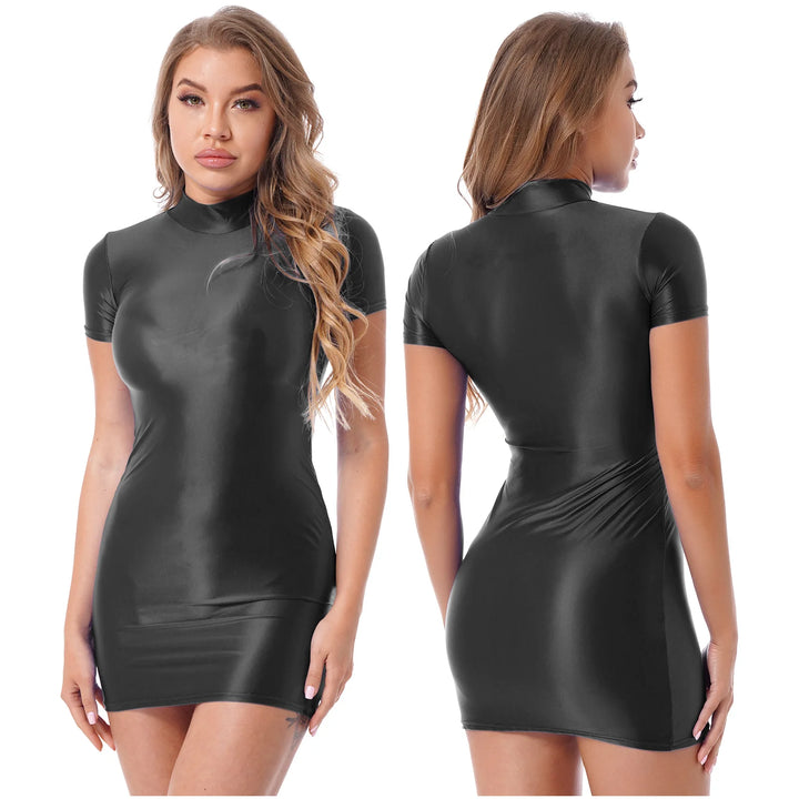 Oil Glossy Bodycon Mini Dress Women Sexy Clubwear