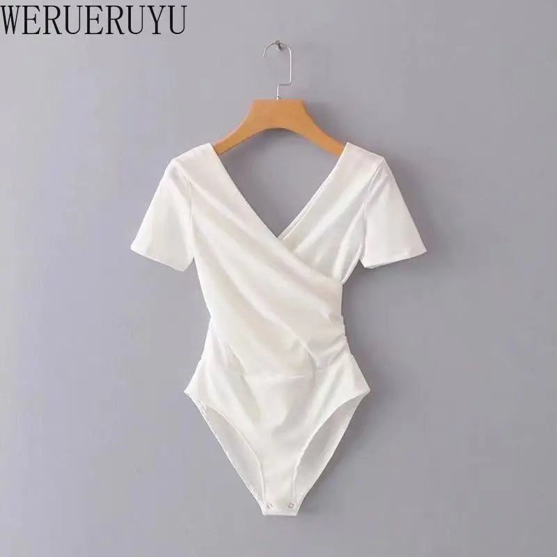 Elegant Sexy White Black V Neck Summer Bodysuit