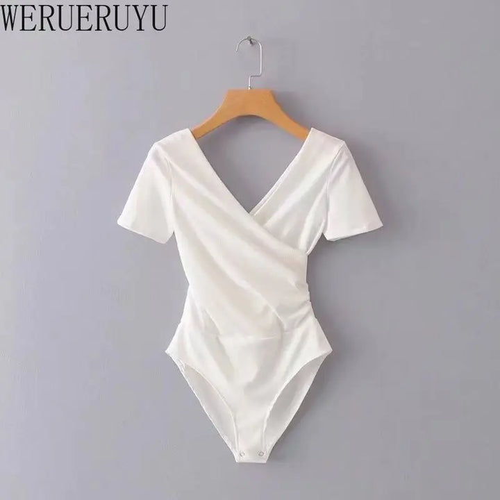 Elegant Sexy White Black V Neck Summer Bodysuit