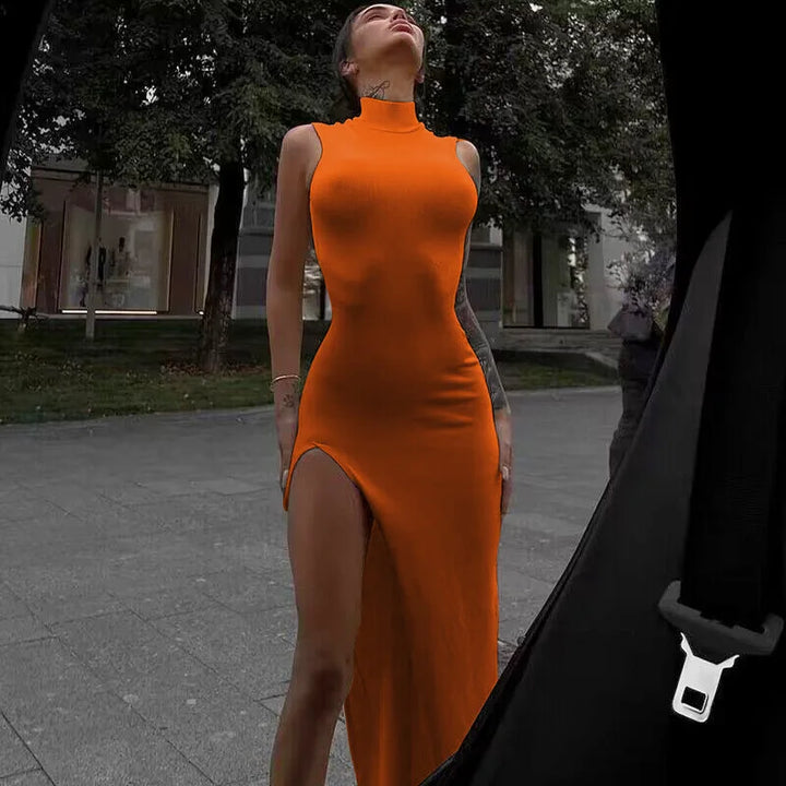 Y2K Orange Sleeveless Midi Dress With Side Slit
