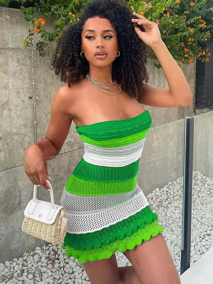 Elegant Striped Ruffles Chic Summer Clubwear Dress