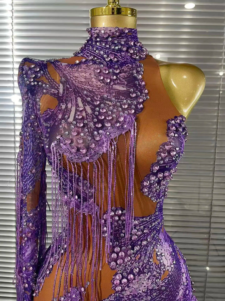 Elegant Purple Rhinestone Mesh High Waist Jumpsuit