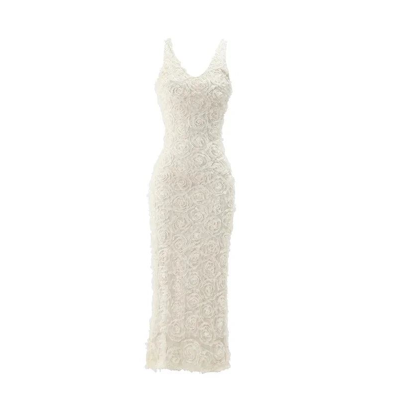 Luxury V Neck Flower Applique Bodycon Maxi Dress