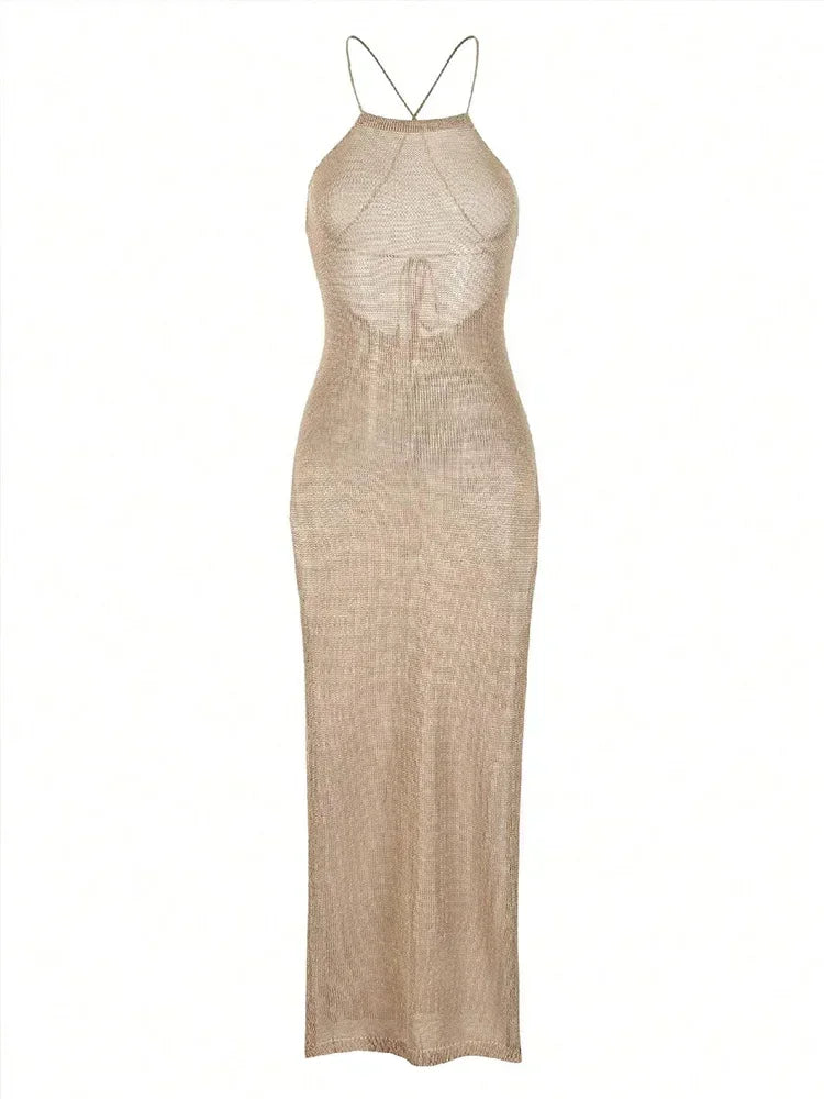 Sexy See Through Knit Backless Lace Up Beach Dress