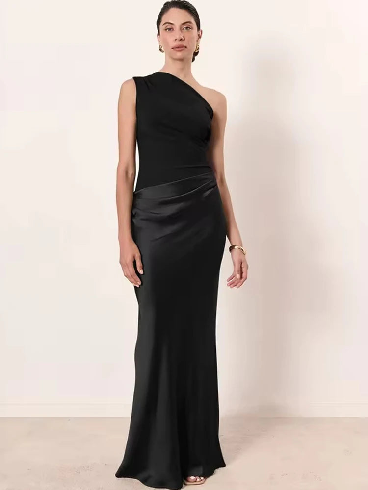 JULISSA MO Brown Satin One Shoulder Maxi Dress